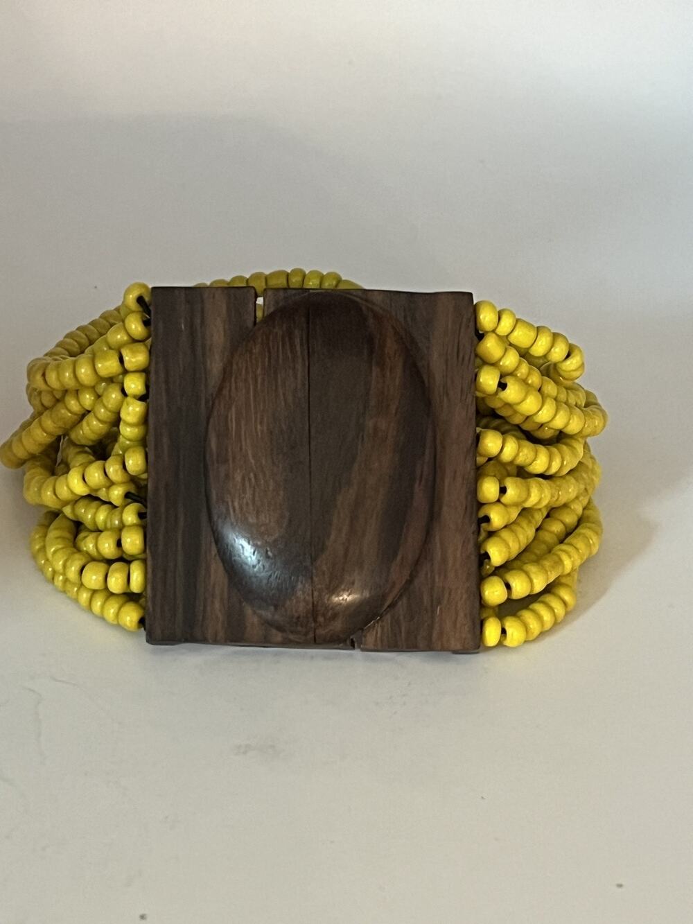 Handmade Yellow Seed Bead Wood Latched Bracelet